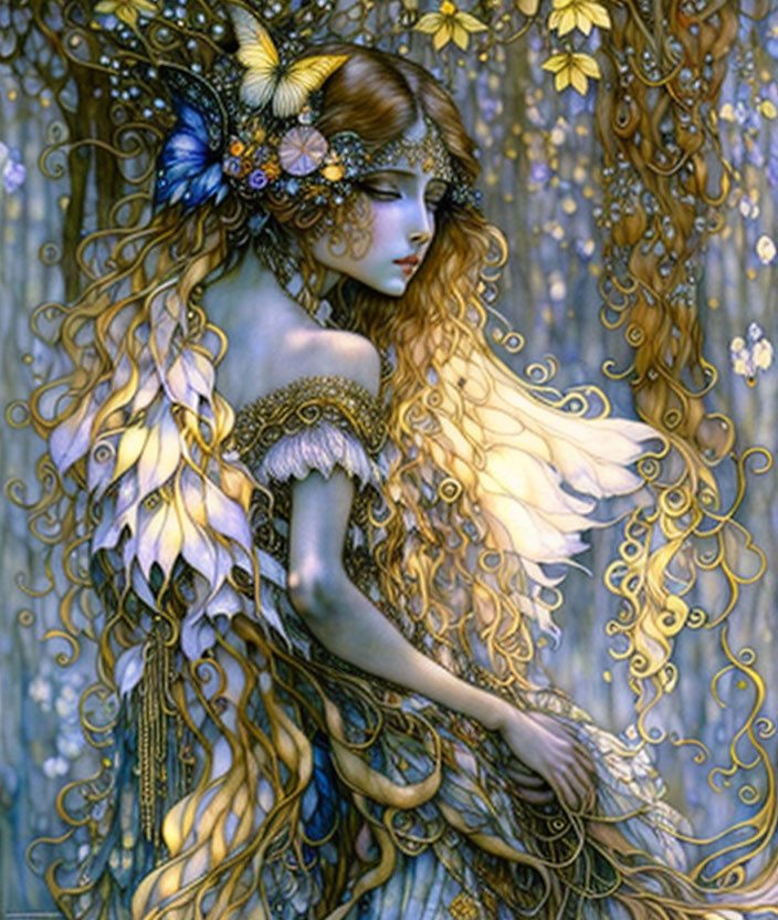 Ethereal female figure with golden hair in mystical forest