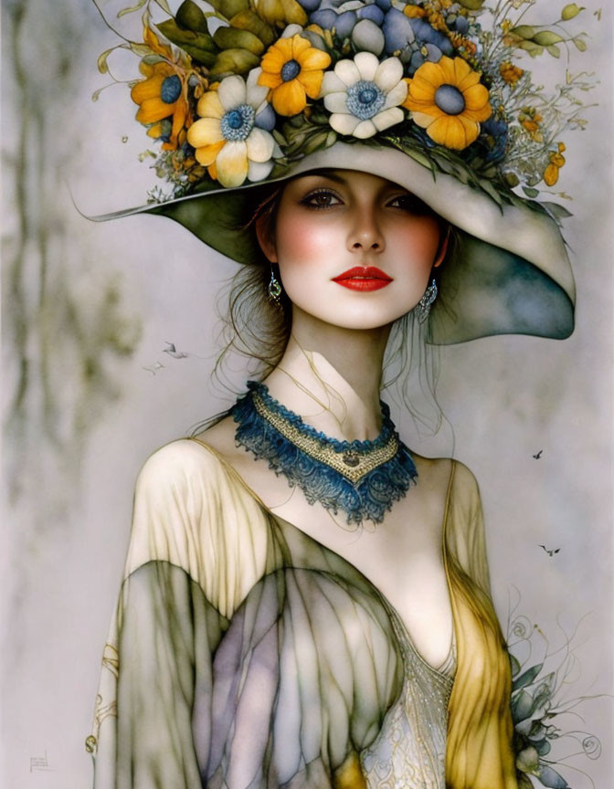 Illustrated woman in wide-brimmed hat with flowers, red lipstick, and necklace in ethereal