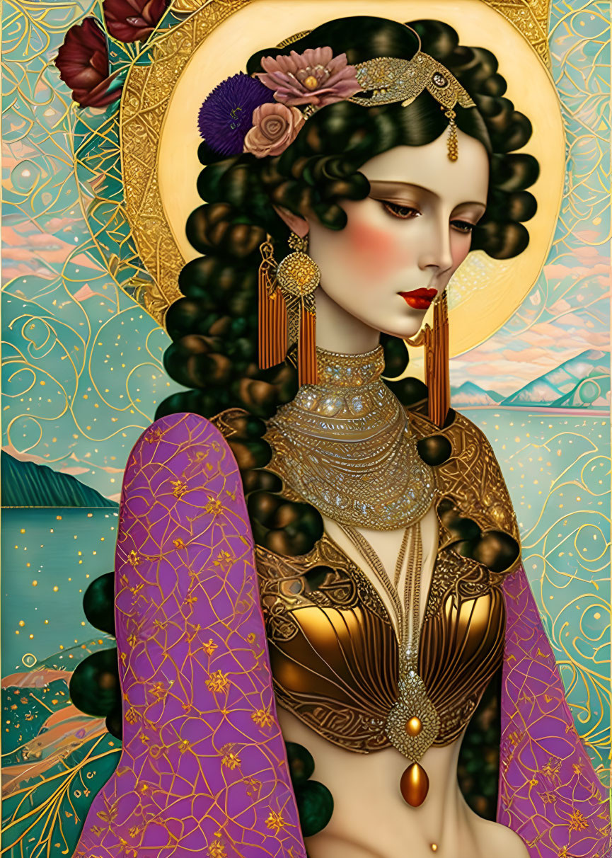 Elaborate gold jewelry on woman in purple garment against art-deco background