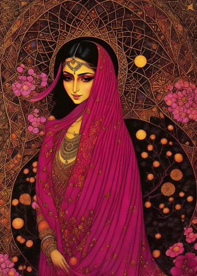 Traditional attire woman illustration with pink veil and gold jewelry