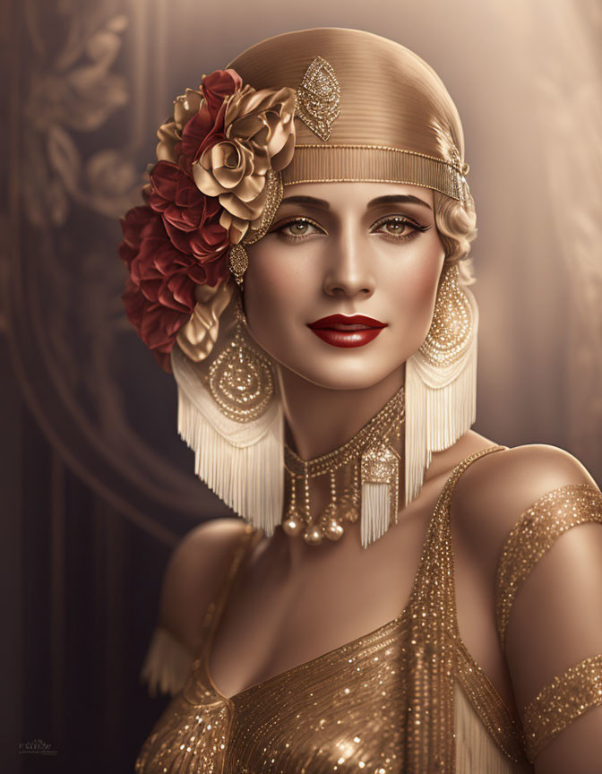 Stylized portrait of woman with 1920s flapper look, beaded headband,