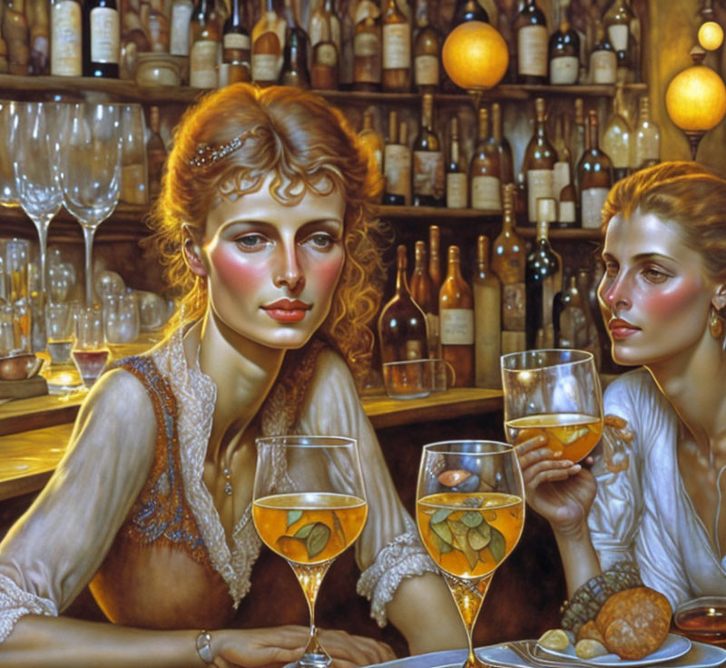Two women holding wine glasses in a room filled with bottles