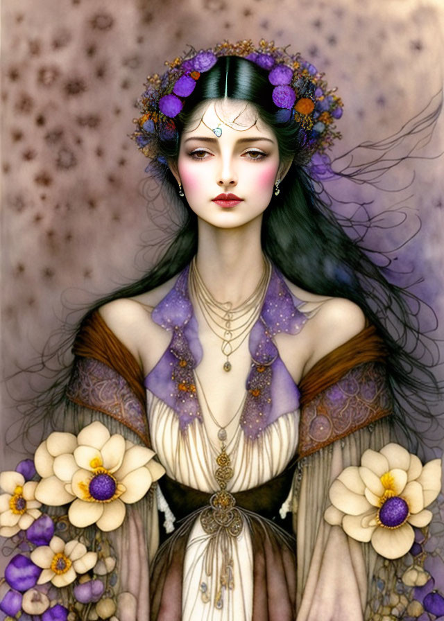 Illustrated woman with floral crown and necklace in mystical setting