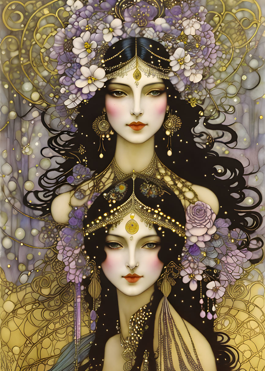 Detailed Illustration of Two Women with Elaborate Headdresses and Jewelry