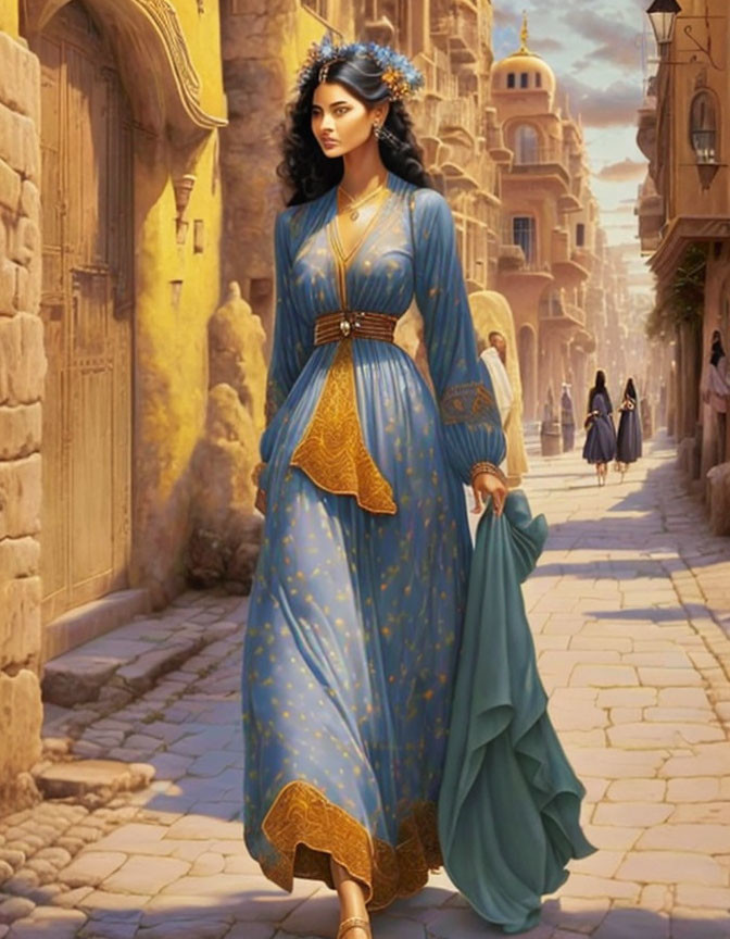 Traditional blue and gold dress woman in old city alley with people and historical buildings