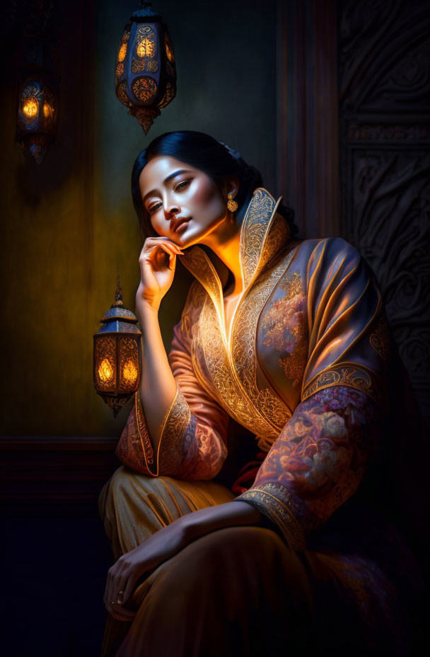 Traditional attire woman poses elegantly by lantern with warm, moody light.