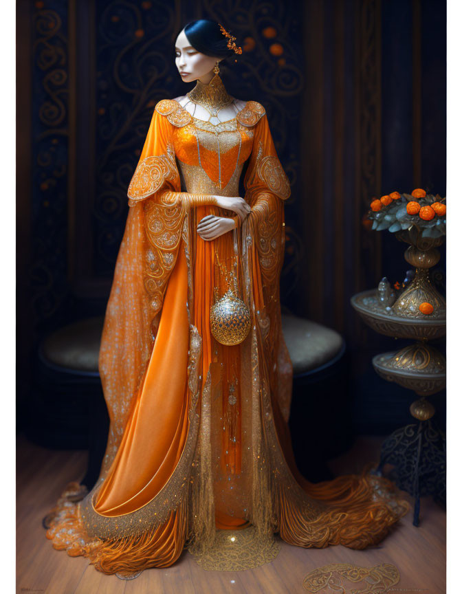 Luxurious Woman in Orange Traditional Gown Beside Table