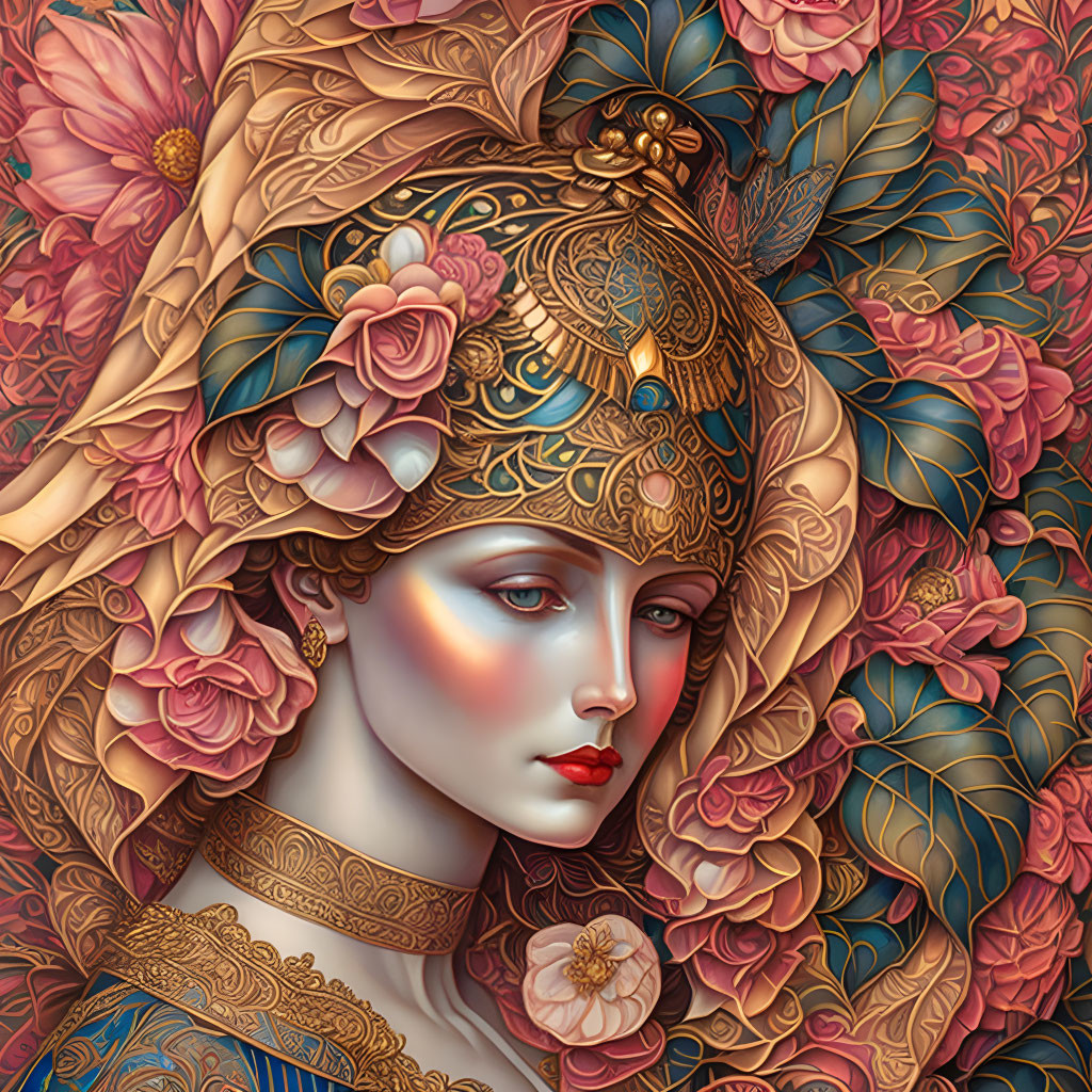 Detailed digital artwork: Woman with floral adornments and golden headgear in lush flower backdrop