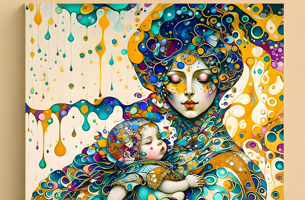 Colorful Abstract Painting of Woman and Child with Whimsical Shapes