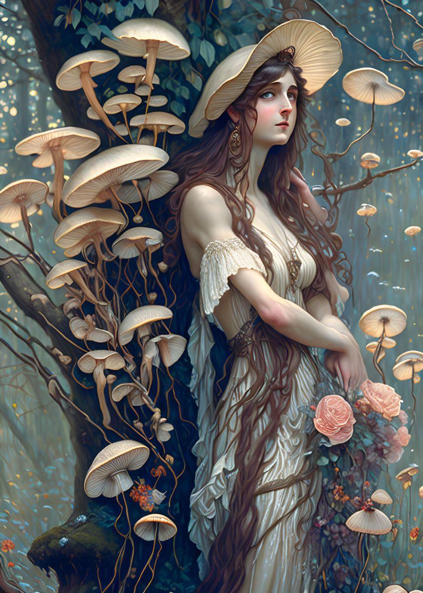 Woman in mushroom cap hat surrounded by towering forest mushrooms.