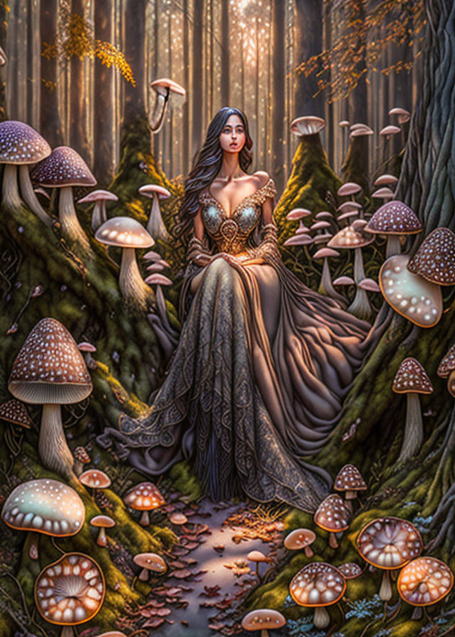 Illustration of woman in flowing dress amid glowing mushrooms in enchanted forest