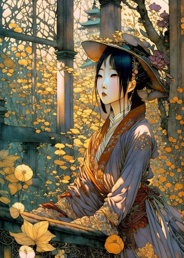 Illustration: Elegant woman in Asian attire with autumn leaves in ornate garden.