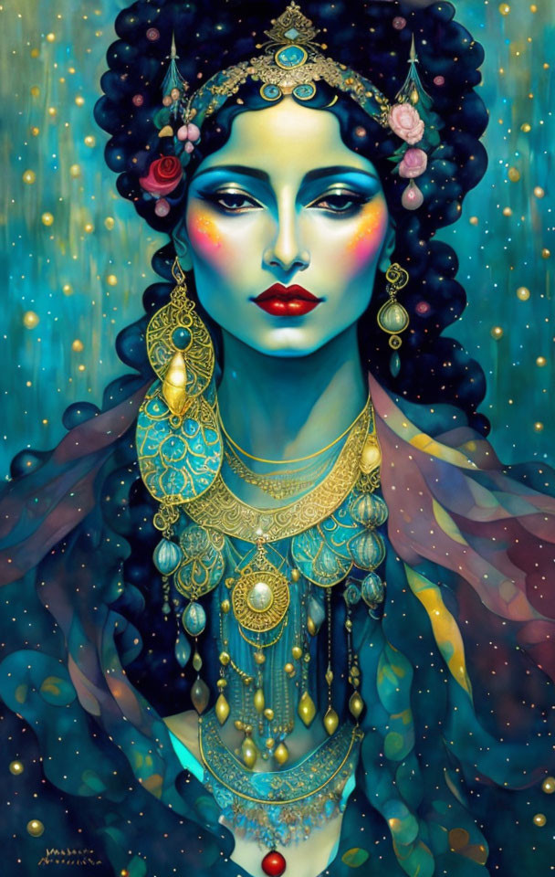 Woman with Dark Hair, Berries, and Gold Headpiece in Starry Setting