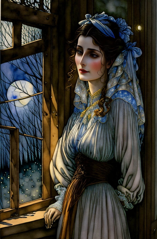 Illustrated woman in vintage dress gazes at night sky from window