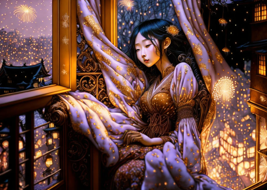 Illustrated woman in traditional attire gazes out window at night with lanterns and fireworks.