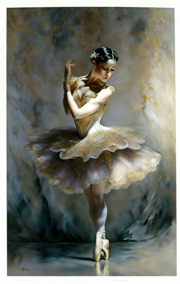 Graceful ballerina in gold and white costume against patterned backdrop