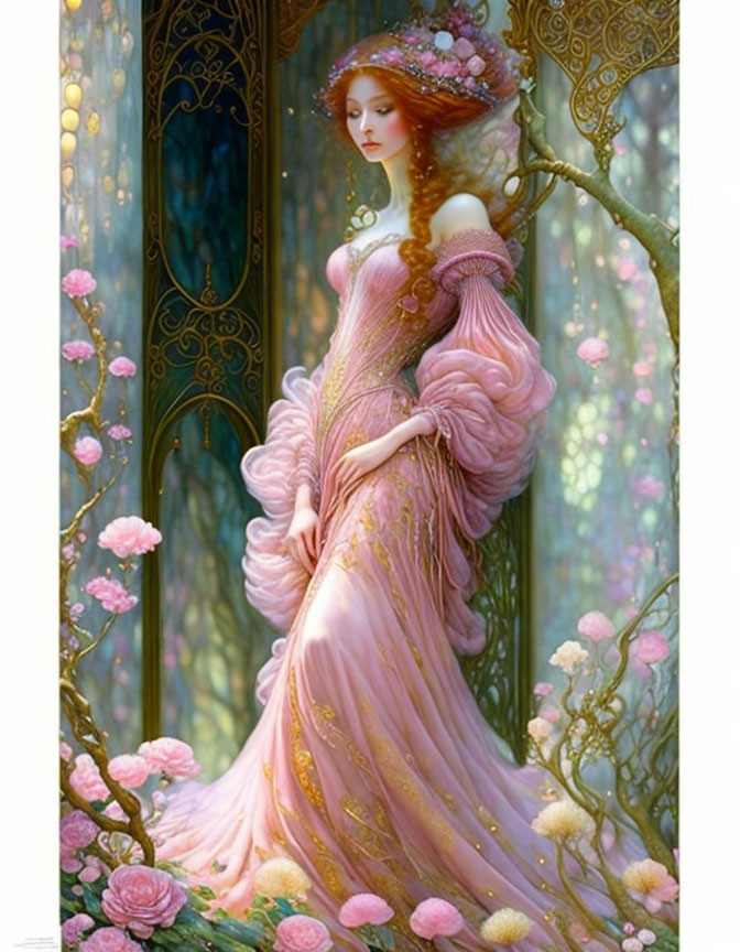 Elegant woman in pink dress by golden door and lush greenery