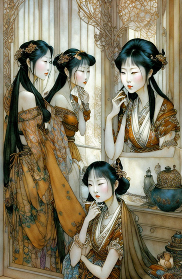 Traditional Asian Attire: Four Women in Elaborate Setting