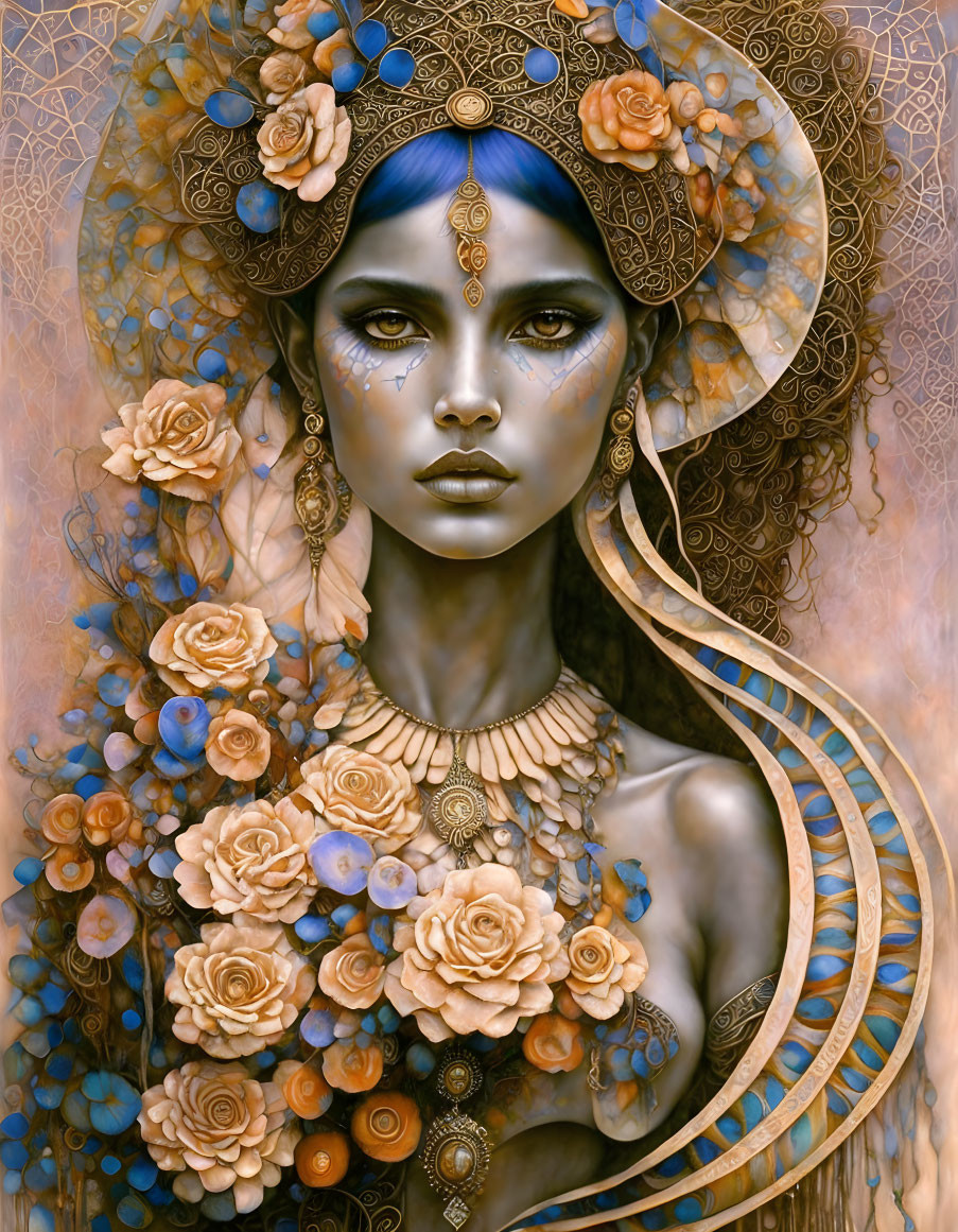 Blue-skinned woman with golden headdress and roses on textured background