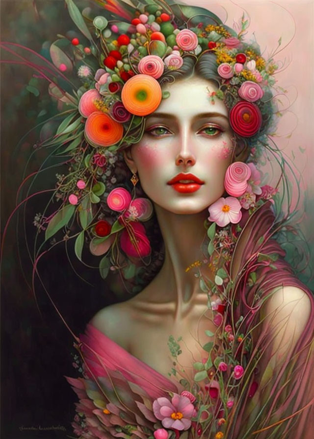 Vibrant portrait of a woman wearing a floral headdress