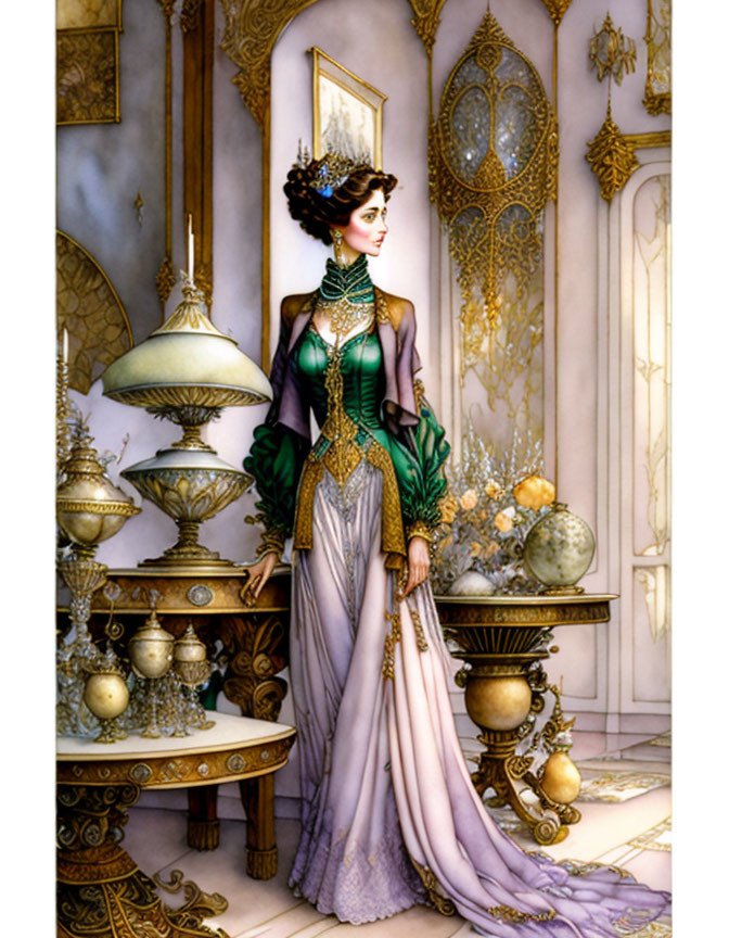 Elegant Woman in Decorative Gown in Ornate Room