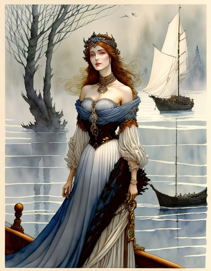 Regal woman in off-the-shoulder gown with crown, nautical backdrop.