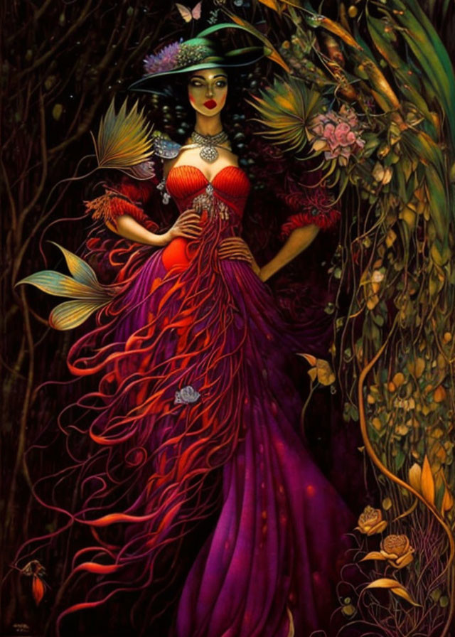 Stylized woman in red and purple gown in mystical forest