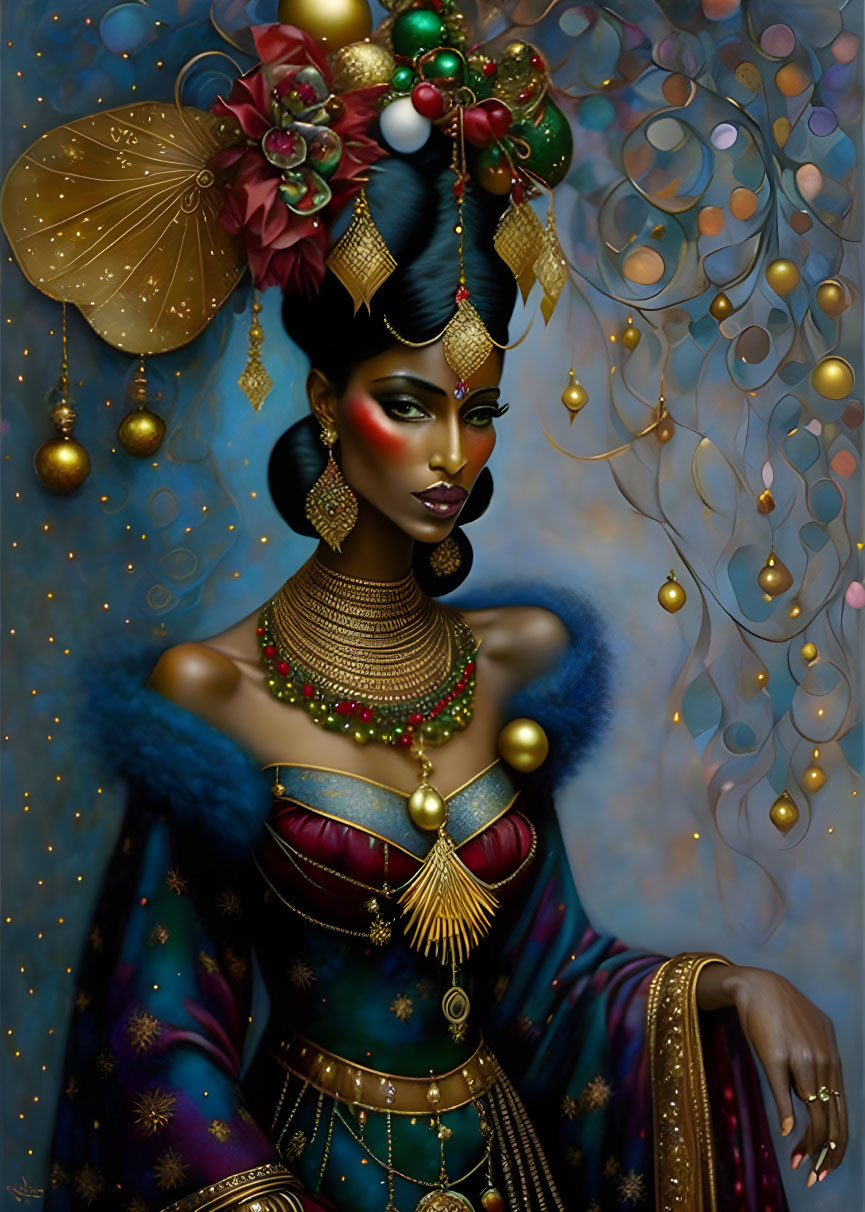 Regal woman in luxurious blue outfit with golden jewelry and fan