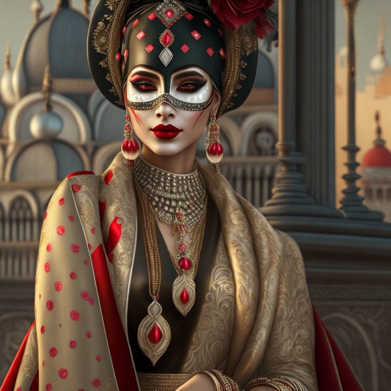 Detailed 3D illustration of woman in Indian attire with mask, against ornate backdrop