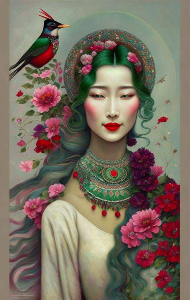 Woman with Green Hair Surrounded by Flowers and Colorful Bird