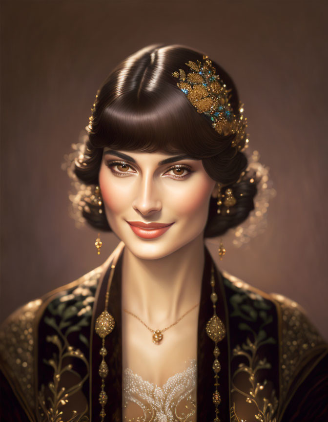 Illustrated portrait of woman with vintage hairstyle and elegant attire