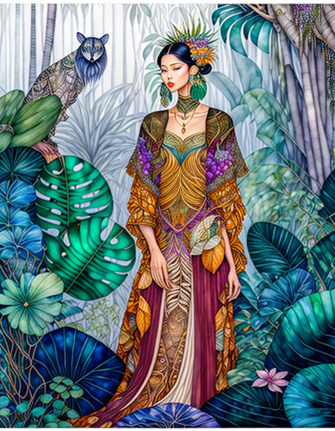 Illustrated woman in vibrant gown with owl in nature setting