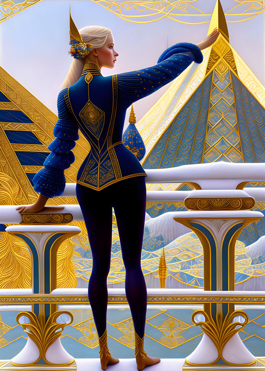 Illustrated woman in blue and gold royal outfit with golden pyramids and ornate designs