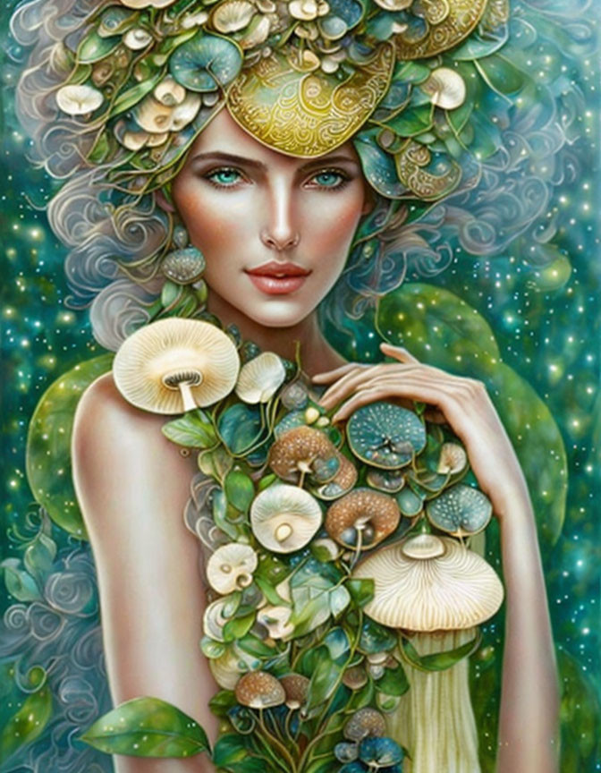 Mystical female figure with leaf crown on teal backdrop