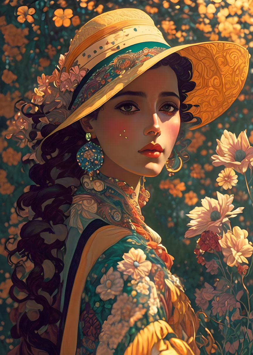 Illustrated woman with braided hairstyle and floral hat in front of blooming backdrop