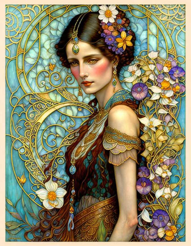 Woman adorned with golden jewelry in Art Nouveau style.