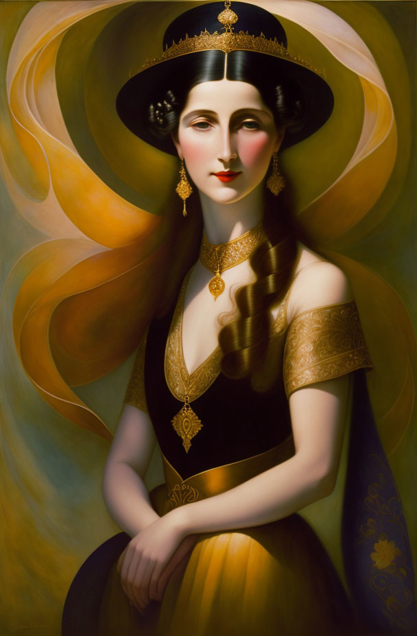 Stylized Art Nouveau portrait of woman with elaborate attire