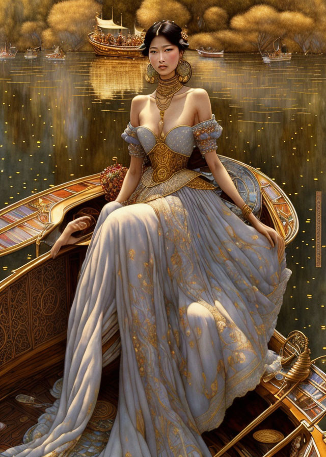 Elegantly dressed woman in luxurious boat on calm, golden-lit waterway