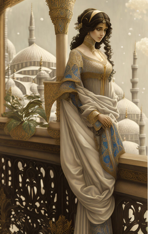 Historical woman on balcony with domed buildings in snowfall