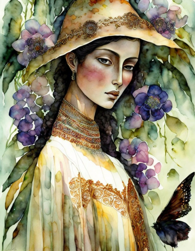 Ethereal woman in floral hat and dress with butterfly and flowers.