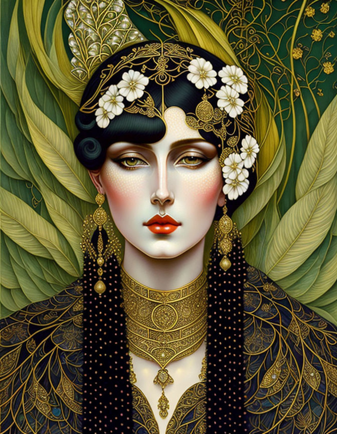 Art Nouveau style woman with gold jewelry and floral hair against leafy background