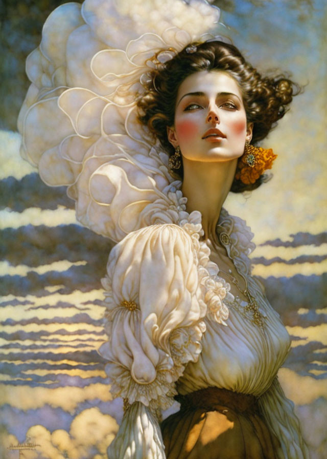 Woman in voluminous white attire with elaborate hairstyle against blue sky backdrop