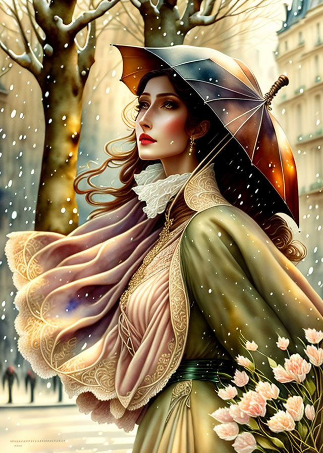 Illustrated woman with umbrella in snowfall, vintage attire and roses.