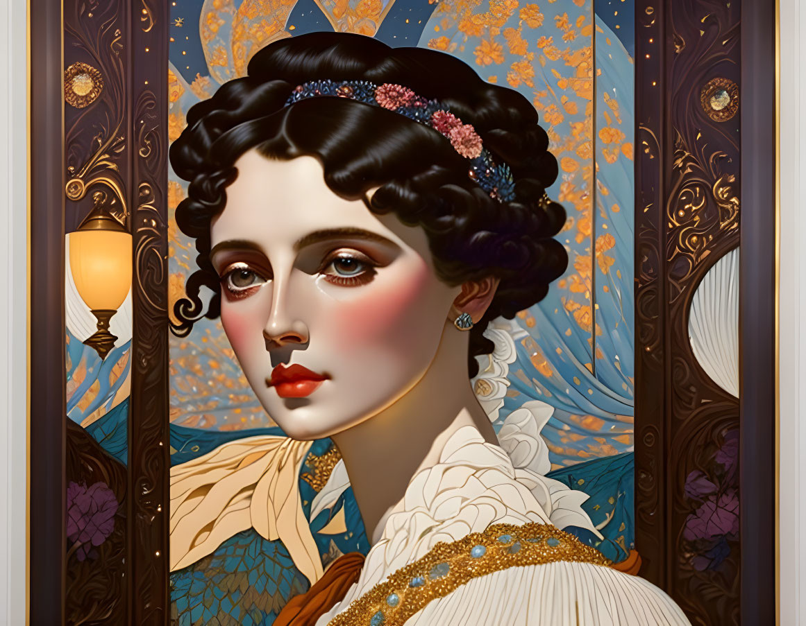 Illustration: Woman with curly dark hair and jeweled headband in Art Nouveau setting