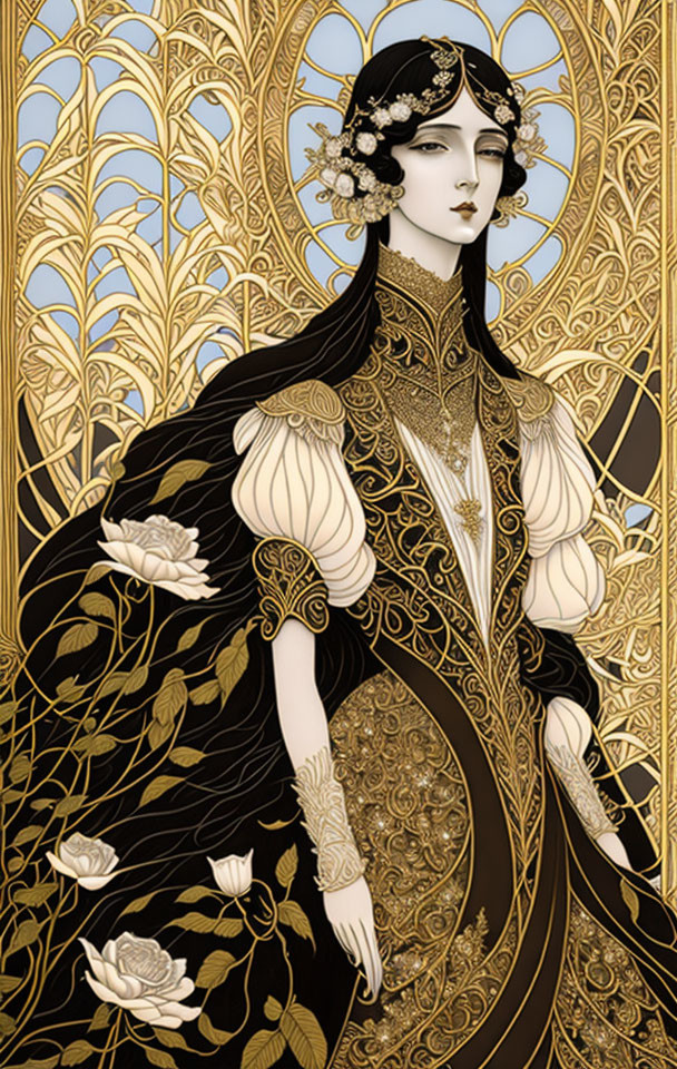 Art Nouveau style illustration of woman with dark hair and floral dress