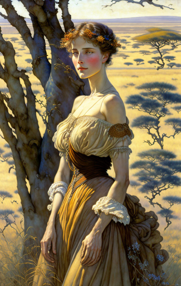 Vintage-dressed woman in serene landscape with bare trees