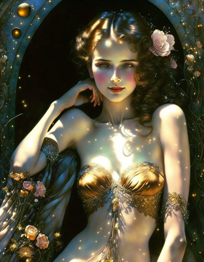 Ethereal woman with starry motifs and flowers in fantasy artwork