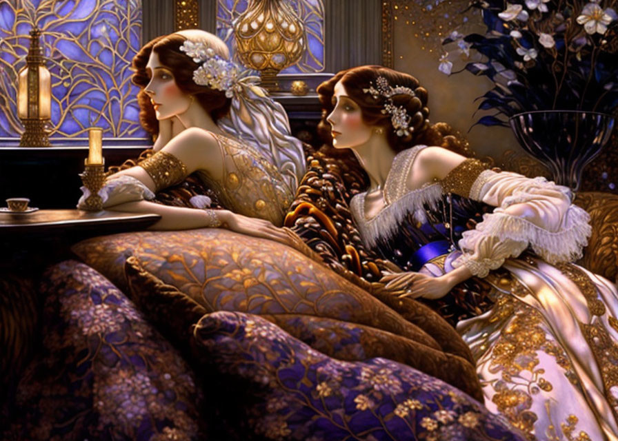 Elaborately dressed women in Art Nouveau setting with candle and floral decor