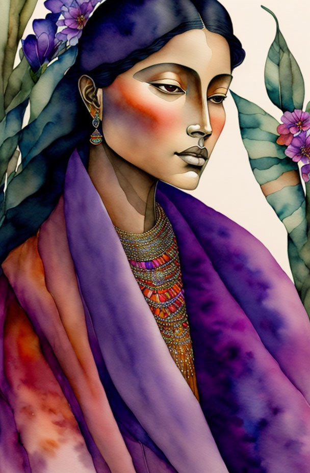 Stylized portrait of a woman in rich purple tones with elegant jewelry and floral surroundings