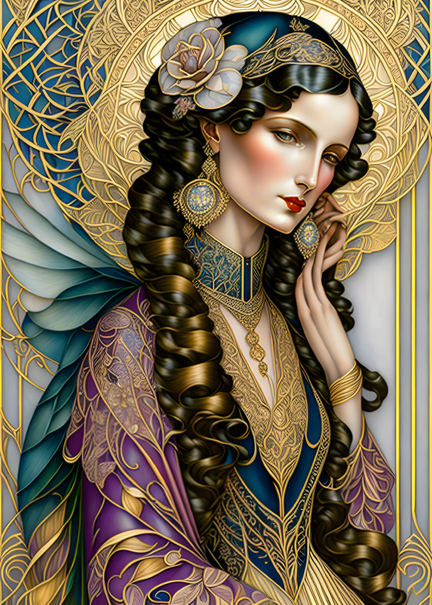 Intricate Artwork Featuring Woman with Golden Jewelry and Art Nouveau Motifs